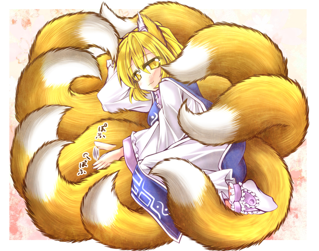 1girl, animal_ears, blonde_hair, blush, fox_ears, fox_tail, looking_at_viewer, multiple_tails