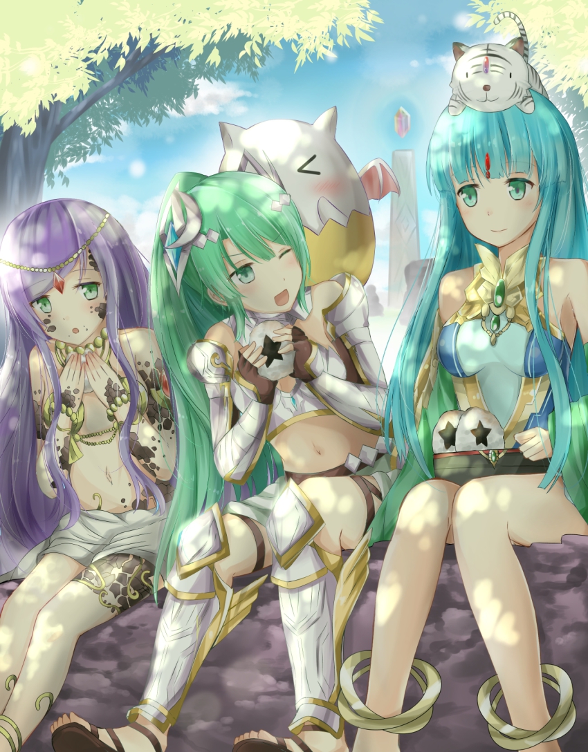 >_<, 3girls, animal, animal_on_head, anklet, aqua_eyes, aqua_hair, armor
