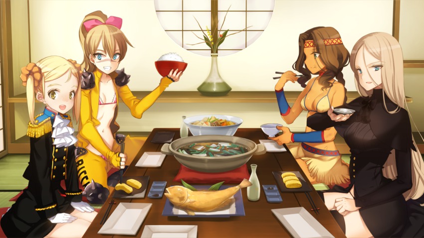 4girls, bikini, bikini_top_only, billy_the_kid_(eiyuu_senki), blonde_hair, blue_eyes, breasts, brown_hair, chopsticks, clenched_teeth, columbus_(eiyuu_senki), dark-skinned_female, dark_skin, eating, eiyuu_senki, eiyuu_senki_gold, fish, flat_chest, food, game_cg, geronimo_(eiyuu_senki), hair_ribbon, happy, long_hair, looking_at_viewer, multiple_girls, navel, ooyari_ashito, perry_(eiyuu_senki), ponytail, ribbon, rice, sitting, smile, swimsuit, table, teeth, tenco, twintails, vase, yellow_eyes