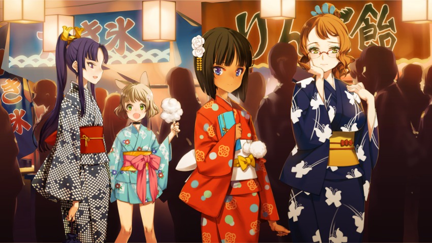 4girls, aristotle_(eiyuu_senki), black_hair, blonde_hair, blue_eyes, blush, breasts, dark-skinned_female