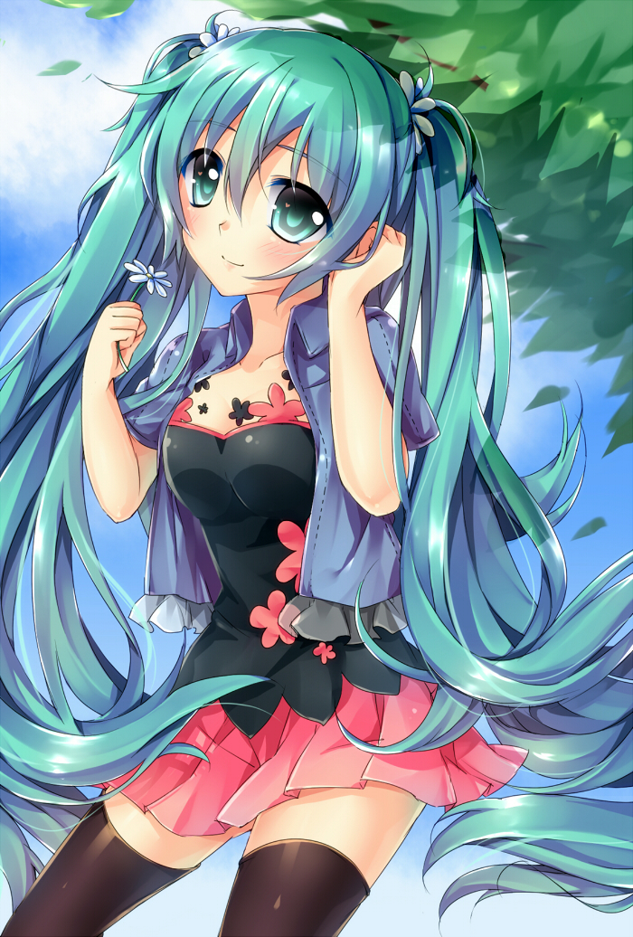 1girl, female_focus, flower, green_eyes, green_hair, hatsune_miku, long_hair, matching_hair/eyes