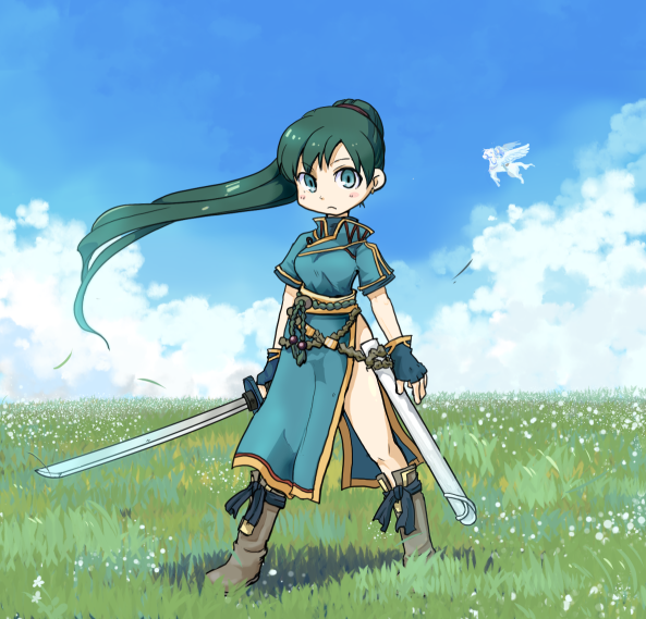 2girls, bad_id, bad_pixiv_id, boots, chibi, earrings, fingerless_gloves, fire_emblem, fire_emblem:_the_blazing_blade, florina_(fire_emblem), gloves, green_eyes, green_hair, hagino_chiyoko, high_ponytail, jewelry, katana, long_hair, lyn_(fire_emblem), multiple_girls, nintendo, pegasus, pegasus_knight_uniform_(fire_emblem), pelvic_curtain, ponytail, sheath, sword, weapon