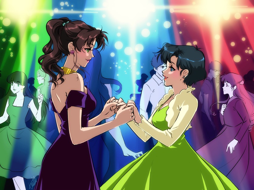 2girls, bare_shoulders, bishoujo_senshi_sailor_moon, blue_eyes, blue_hair, blush, brown_hair, dancing, derivative_work, dress, eflunn_(emilylunn), green_eyes, jewelry, kino_makoto, mizuno_ami, multiple_girls, yuri