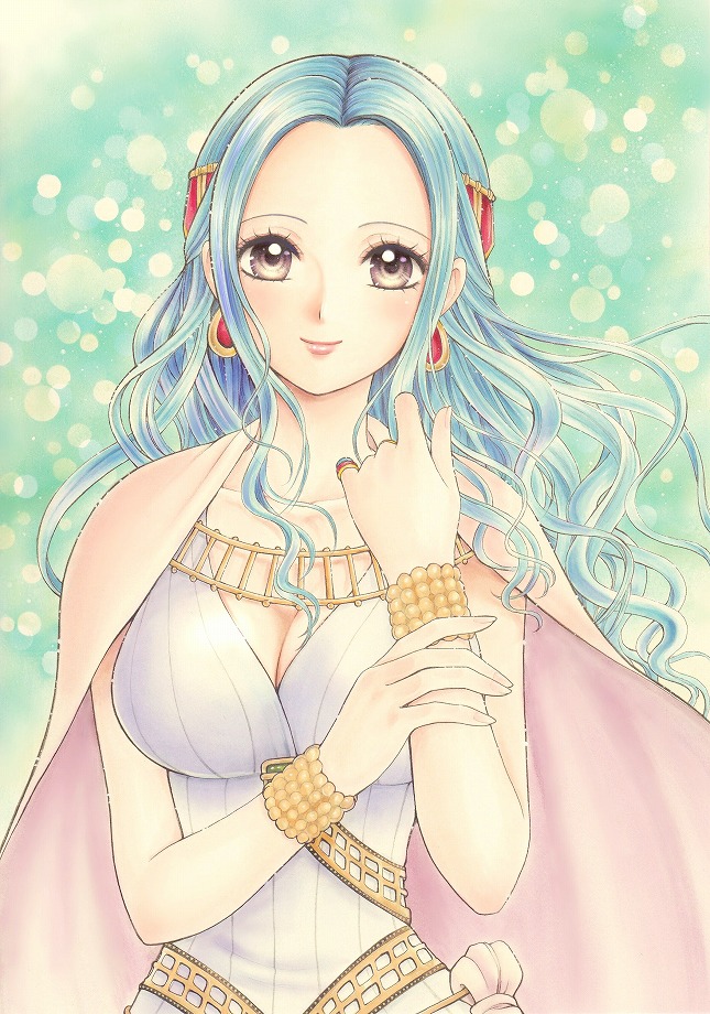 1girl, alabasta, blue_hair, bracelet, breasts, brown_eyes, cape, circlet