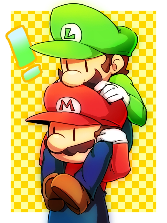 !, 2boys, black_hair, border, brothers, brown_hair, checkered_background, commentary_request