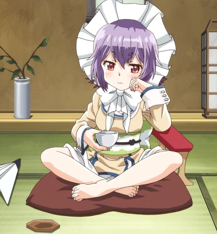 10s, 1girl, anime_screenshot, barefoot, blush, cup, feet, female_focus