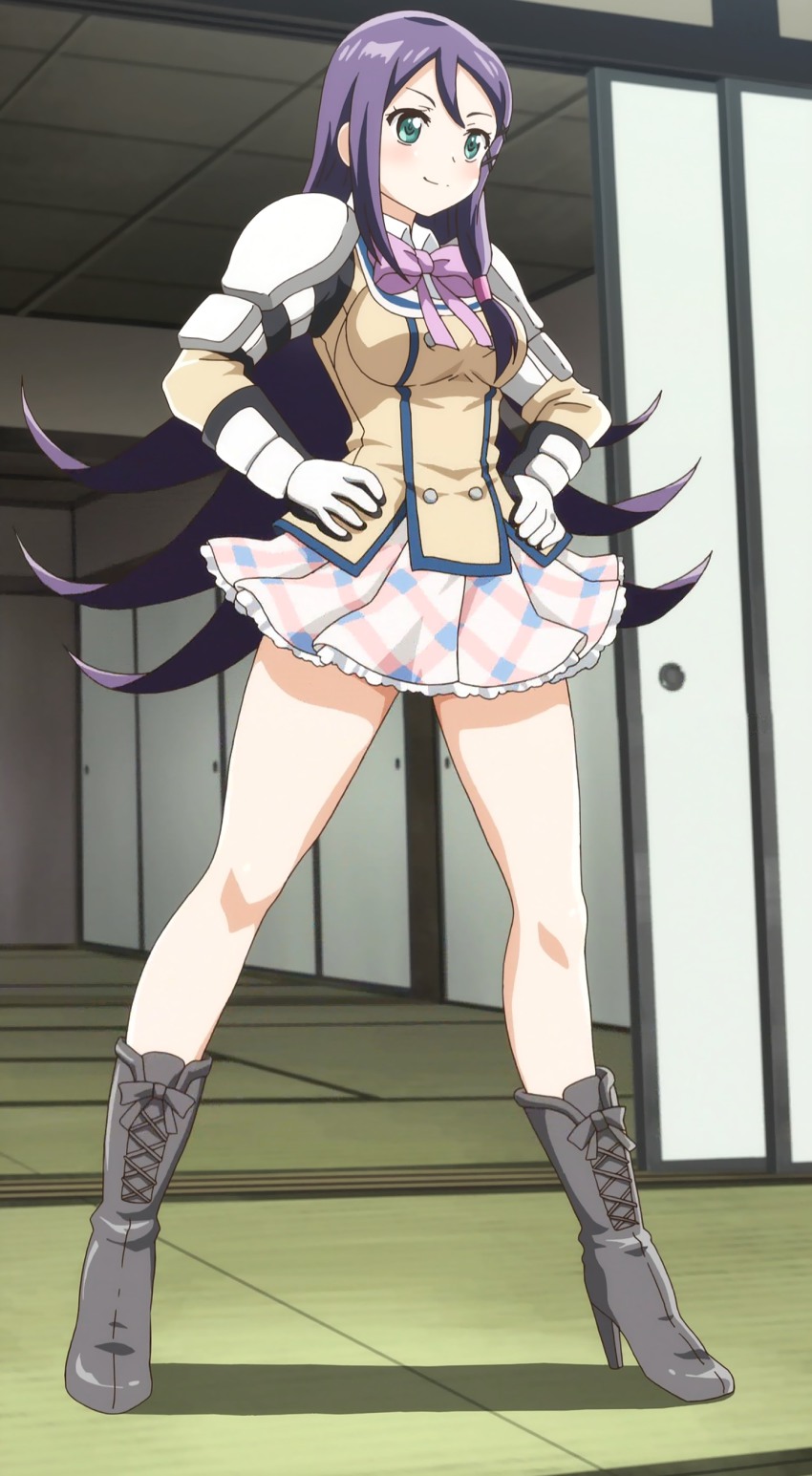 10s, 1girl, absurdres, anime_screenshot, boots, female_focus, gauntlets, green_eyes, hands_on_own_hips, highres, kanojo_ga_flag_wo_oraretara, long_hair, pleated_skirt, purple_hair, school_uniform, seiteikouji_mimori, shoulder_pads, skirt, solo, very_long_hair