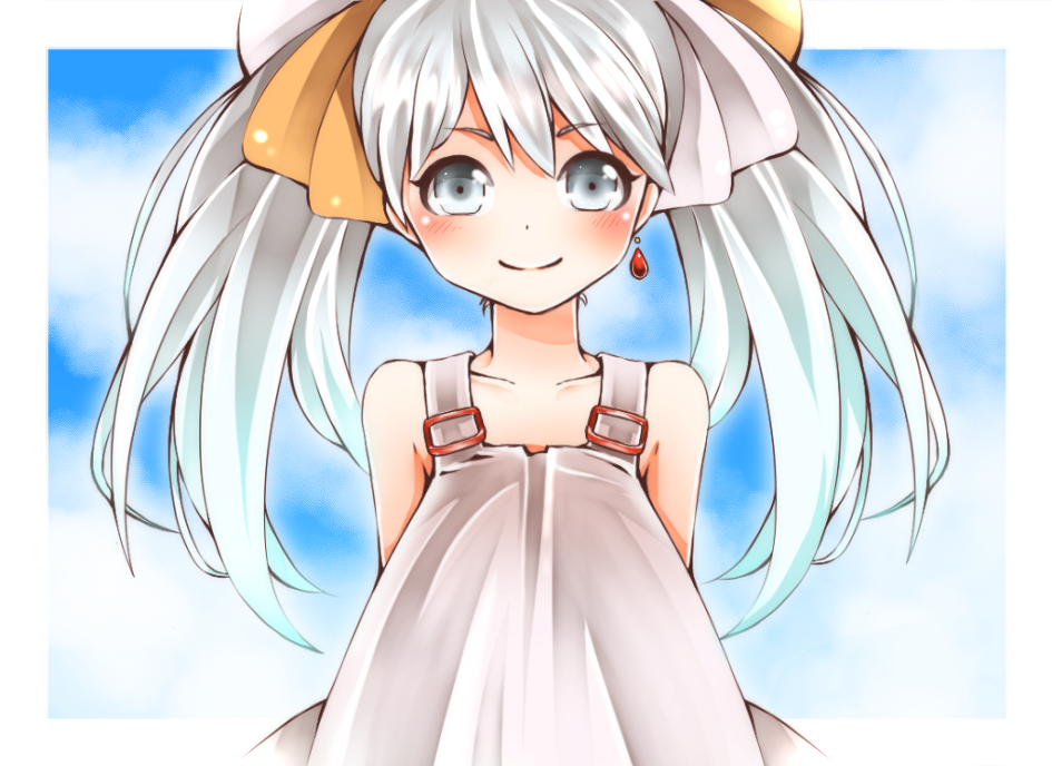 10s, 1girl, arms_behind_back, bare_shoulders, blush, dress, earrings, female_focus