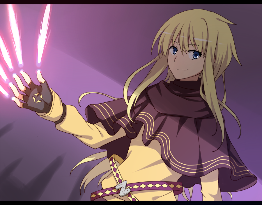 androgynous, belt, blonde_hair, blue_eyes, electricity, electrokinesis, fingerless_gloves, gender_request