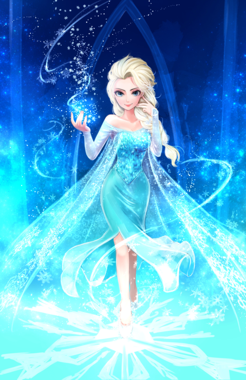 1girl, absurdres, bad_id, bad_pixiv_id, blonde_hair, blue_dress, blue_eyes, braid, dress, elsa_(frozen), female_focus, frozen_(disney), hair_ornament, hair_over_shoulder, highres, ice, long_hair, magic, natsuki_nori, nyu, single_braid, smile, snowflake_hair_ornament, snowflakes, solo