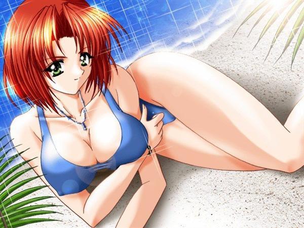 1girl, akira_(artist), beach, bracelet, breasts, character_request, cherry_soft, cleavage, collarbone, covered_erect_nipples, game_cg, green_eyes, heroine_(cherrysoft), jewelry, large_breasts, looking_at_viewer, lying, necklace, ocean, palm_tree, red_hair, sand, short_hair, smile, swimsuit, tree, water