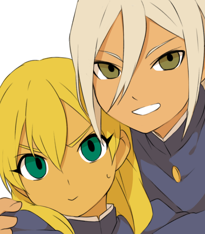2boys, blonde_hair, gakuran, green_eyes, hayami_mahha, hayami_maya, inazuma_eleven, inazuma_eleven_(series)