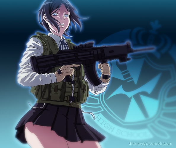 10s, 1girl, assault_rifle, black_hair, blue_eyes, danganronpa:_trigger_happy_havoc, danganronpa_(series), female_focus