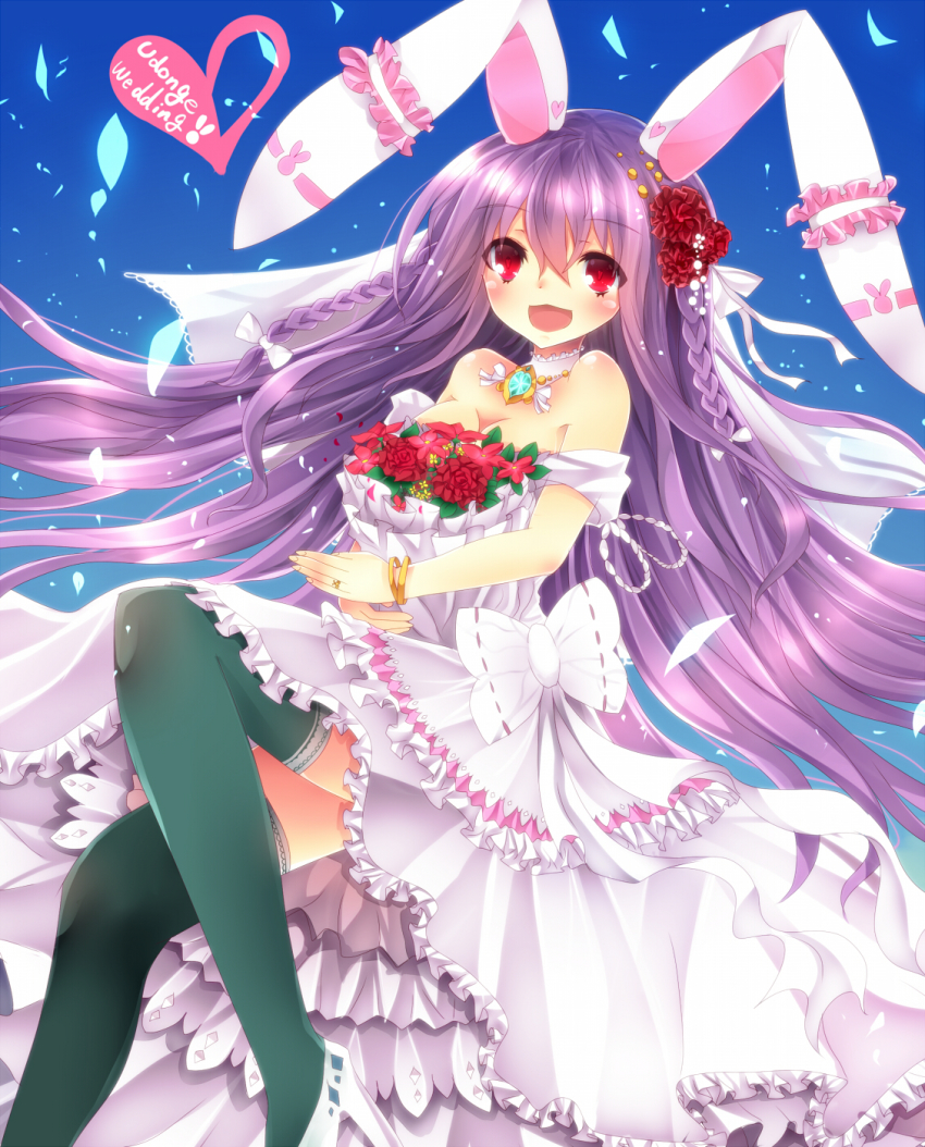 1girl, animal_ears, black_thighhighs, bouquet, bracelet, breasts, bridal_veil, bride