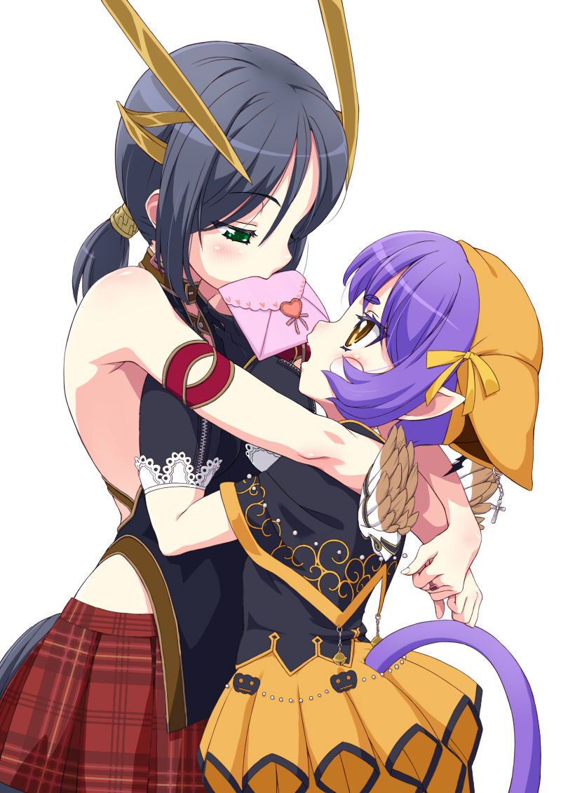 00s, 2girls, animal_ears, black_hair, blush, brown_eyes, capelet, collar