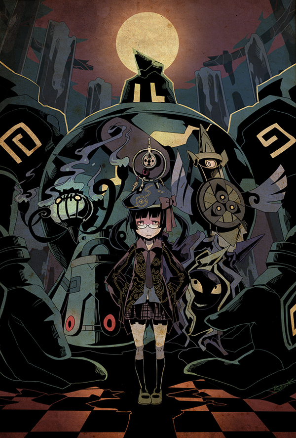 1girl, aegislash, black_hair, blue_fire, bronzong, chandelure, checkered_floor, cloyster, dark, fire, floor, full_moon, gen_1_pokemon, gen_4_pokemon, gen_5_pokemon, gen_6_pokemon, glasses, golurk, grin, hat, hat_ribbon, key, keyring, klefki, long_sleeves, looking_at_viewer, moon, night, nintendo, no_pupils, pokemon, pokemon_(creature), red_eyes, ribbon, ruins, rybiok, shield, skirt, sky, smile, sword, twintails, weapon, yellow_eyes