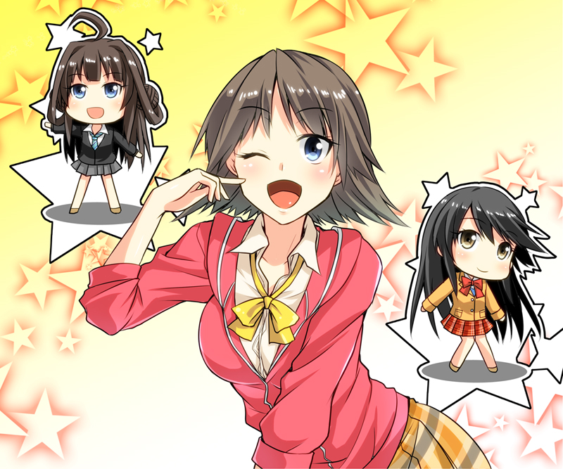 3girls, :d, ;d, blazer, blue_eyes, bow, bowtie, cardigan