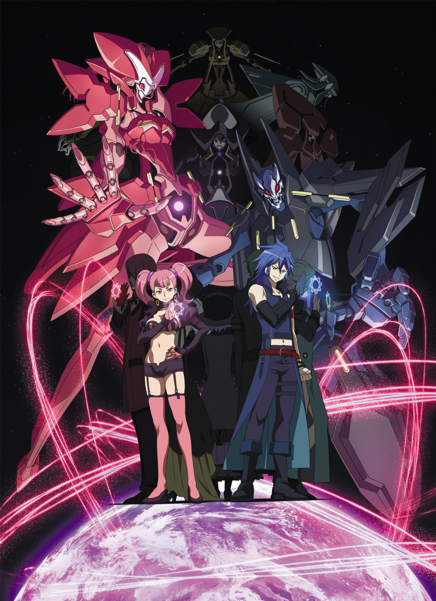 10s, 3boys, 4girls, ai_(captain_earth), aiatar, amara_(captain_earth), amarok, baku_(captain_earth), blue_hair, boots, bugbear, captain_earth, earth_(planet), elbow_gloves, garter_straps, gloves, grin, hand_on_own_hip, hat, highres, jacket, lieban, lin_(captain_earth), long_hair, malkin, mecha, midriff, moco_(captain_earth), multiple_boys, multiple_girls, official_art, pink_hair, planet, puffy_sleeves, robot, rogues'_gallery, setsuna_(captain_earth), shorts, siren_(captain_earth), smile, thighhighs, twintails, zimbardo, zin_(captain_earth)