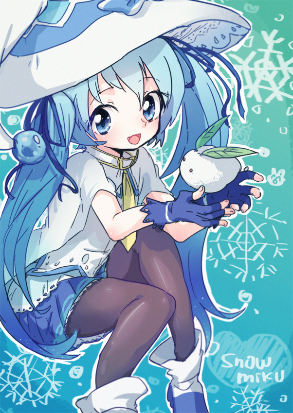 1girl, bad_id, bad_pixiv_id, blue_eyes, blue_hair, cape, character_name, female_focus, fingerless_gloves, gloves, hat, hatsune_miku, long_hair, matching_hair/eyes, open_mouth, pantyhose, sitting, skirt, snow_rabbit, solo, twintails, usaco, very_long_hair, vocaloid, witch_hat, yuki_miku, yukine_(vocaloid)
