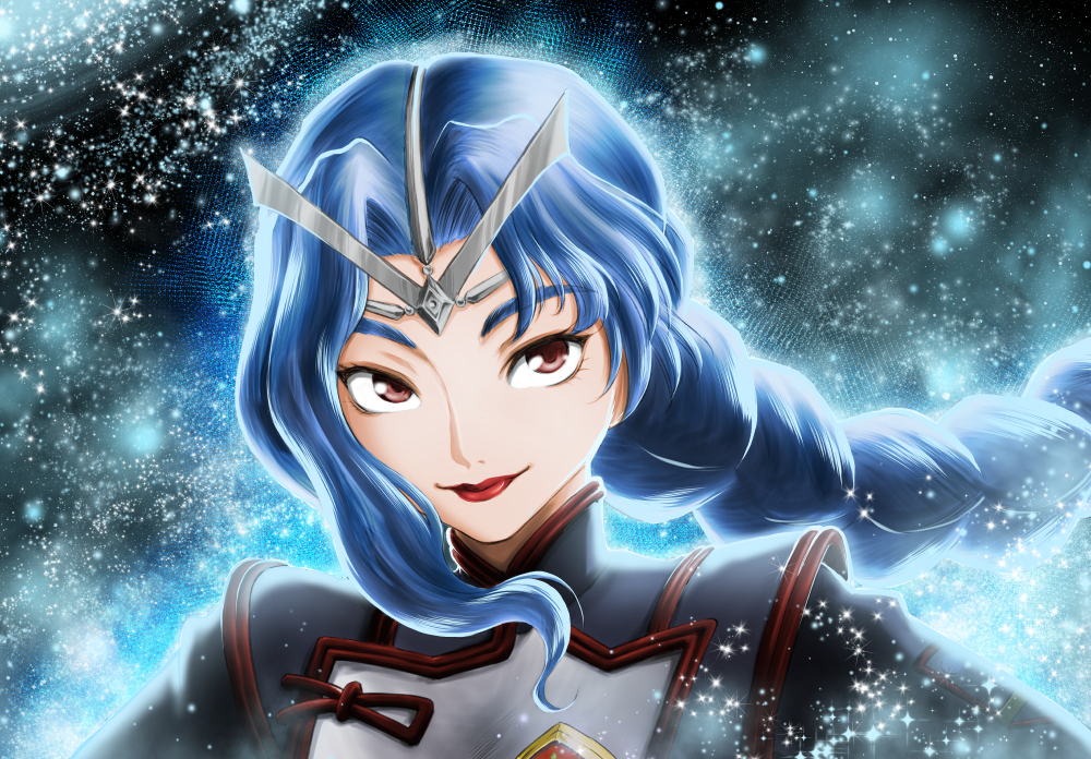 1girl, blue_hair, braid, brown_eyes, crest, female_focus, headwear_request, long_hair, military, military_uniform, saboten7, seikai_no_senki, smile, solo, space, spoor, star_(symbol)