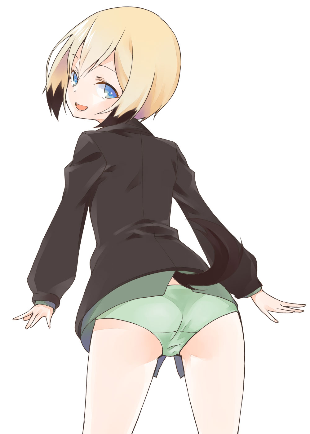 1girl, :d, blonde_hair, blue_eyes, erica_hartmann, female_focus, highres, jacket