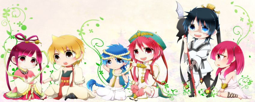 2girls, 4boys, :d, aladdin_(magi), alibaba_saluja, asymmetrical_hair, black_hair, blonde_hair
