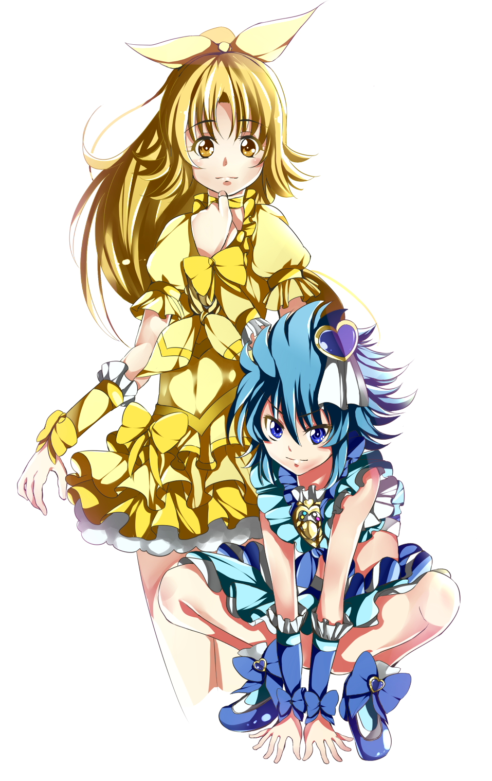 10s, 2girls, alternate_universe, blonde_hair, blue_eyes, blue_hair, bow, brooch