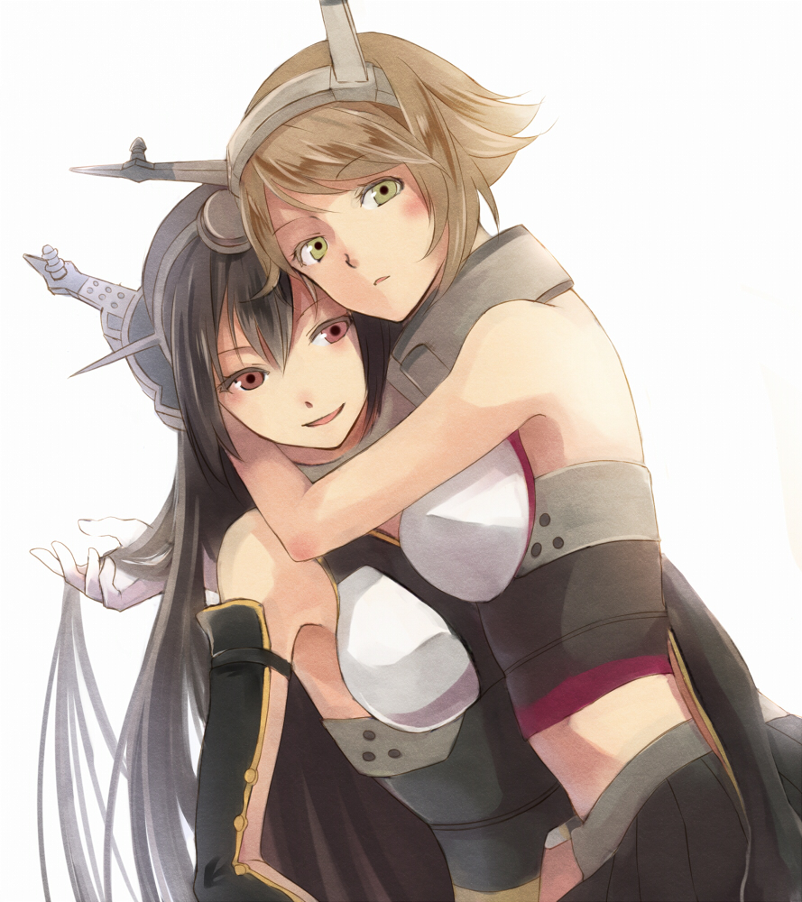 10s, 2girls, bad_id, bad_pixiv_id, bare_shoulders, black_hair, breasts, brown_hair
