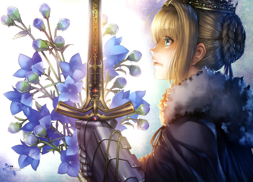 1girl, absurdres, ahoge, armor, armored_dress, artoria_pendragon_(fate), blonde_hair, braid, braided_bun, caliburn_(fate), colored_eyelashes, crown, dress, excalibur_(fate/stay_night), fate/stay_night, fate_(series), female_focus, from_side, gauntlets, green_eyes, hair_bun, highres, hiroe_rei, holding, holding_sword, holding_weapon, saber_(fate), solo, sword, sword_in_front_of_face, two-handed, weapon