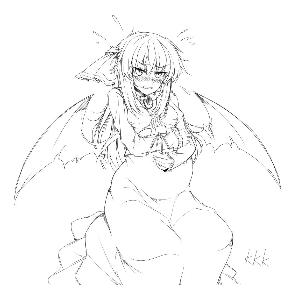 1girl, aged_up, alternate_hairstyle, blush, breasts, female_focus, flying_sweatdrops, greyscale, kaiser2050101, long_hair, looking_at_viewer, monochrome, pregnant, remilia_scarlet, simple_background, small_breasts, solo, touhou, white_background, wings