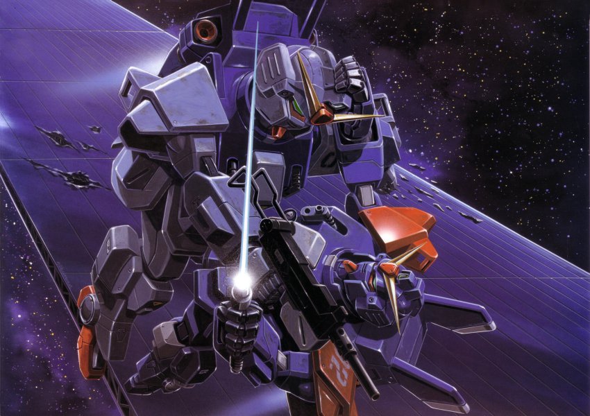 absurdres, battle, blue_destiny_02, blue_destiny_03, energy_sword, gun, gundam, gundam_side_story:_the_blue_destiny