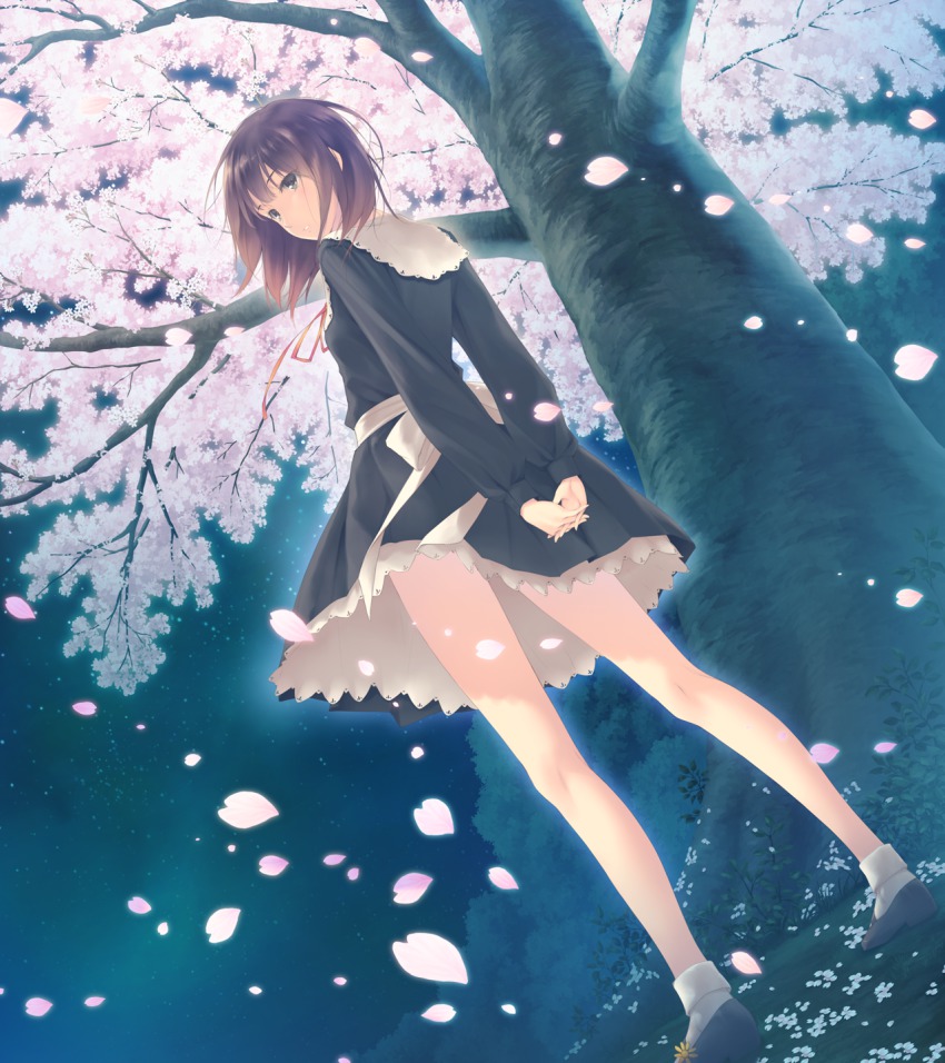 1girl, black_eyes, brown_hair, feet, female_focus, flowers_(game), grass, highres