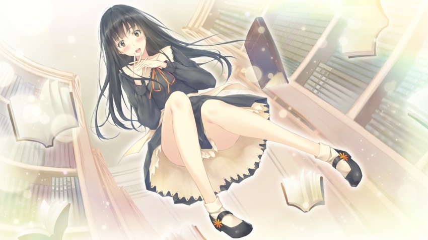 1girl, black_hair, blush, book, feet, female_focus, flowers_(game), innocent_grey