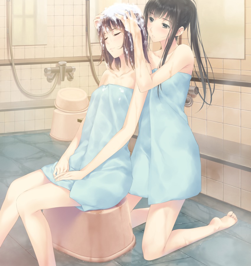 2girls, bare_shoulders, barefoot, bath, bathroom, black_eyes, black_hair, blush, closed_eyes, feet, flowers_(game), highres, innocent_grey, kneeling, legs, long_hair, multiple_girls, nude, ponytail, short_hair, sitting, steam, sweat, thighs, toes, towel, washing