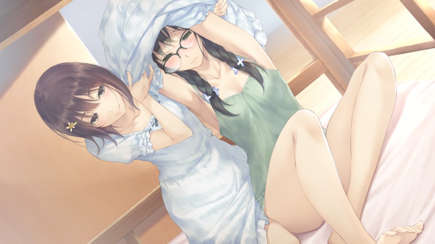 2girls, arms_up, ass, barefoot, bed, black_eyes, black_hair, blush, braid, breasts, brown_hair, camisole, feet, flowers_(game), glasses, innocent_grey, legs, long_hair, multiple_girls, nightgown, pajamas, short_hair, sitting, small_breasts, smile, thighs, toes, twin_braids, undressing, yuri