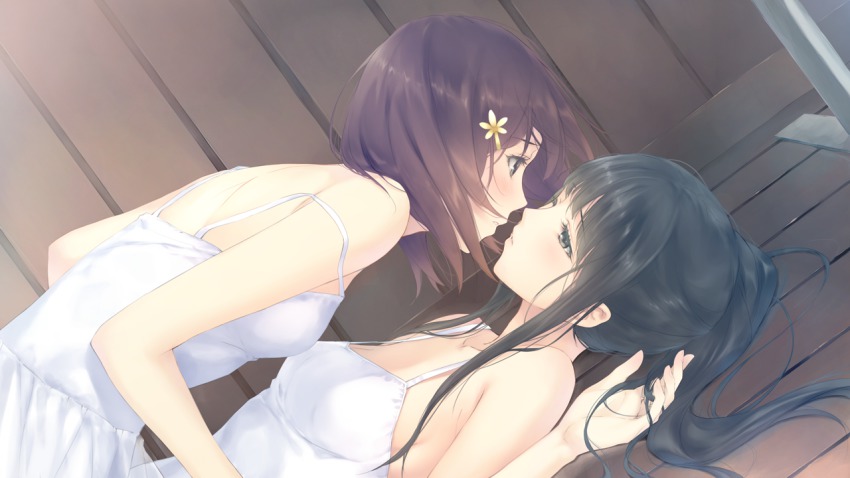 2girls, bare_shoulders, black_eyes, black_hair, blush, breasts, brown_hair, eye_contact, flowers_(game), flowers_(innocent_grey), imminent_kiss, innocent_grey, long_hair, looking_at_another, lying, multiple_girls, ponytail, short_hair, small_breasts, wooden_floor, yuri