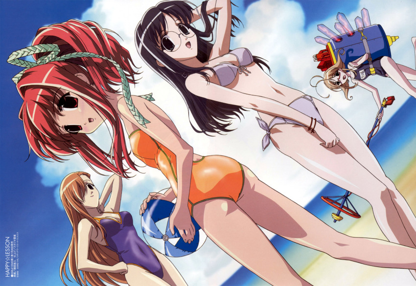 4girls, ass, ball, beach, beachball, bikini, black_hair, cloud