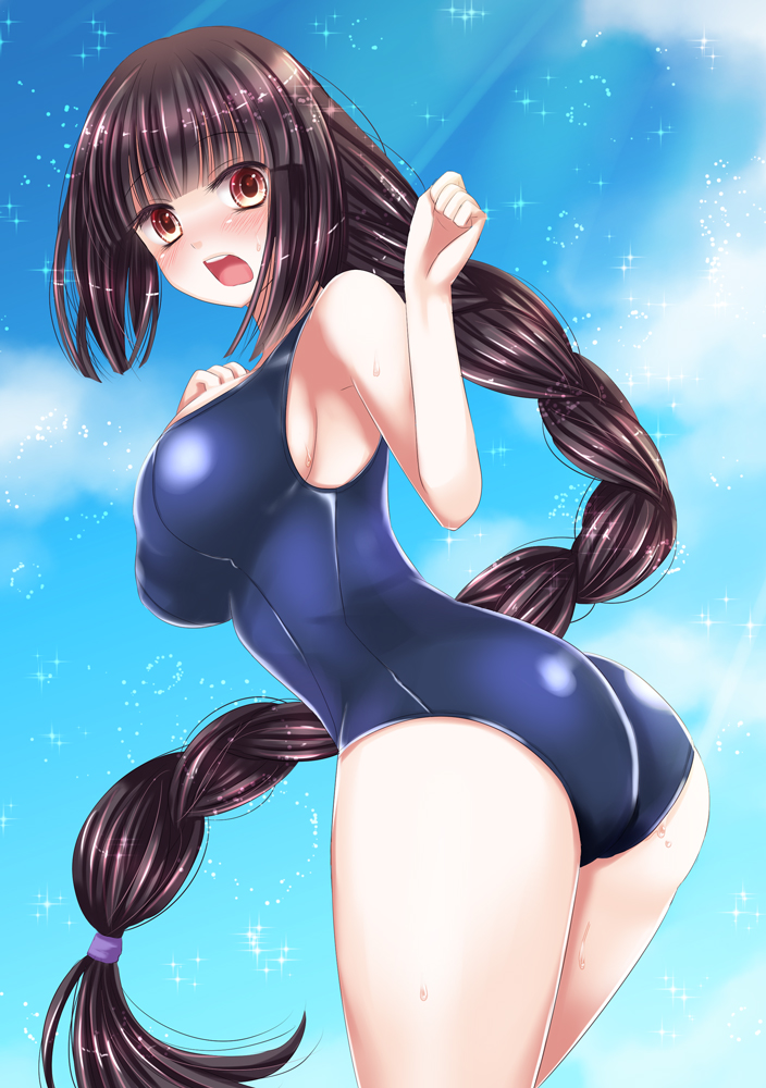 1girl, ass, black_hair, blush, braid, breasts, brown_eyes, female_focus