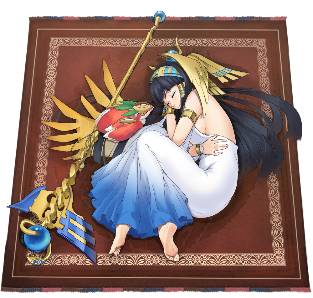 1girl, armband, bare_shoulders, barefoot, bird, black_hair, bracelet, breasts, dress, eyeshadow, falcon, feet, female_focus, fetal_position, full_body, hairband, headdress, horus_(p&amp;d), isis_(p&amp;d), jewelry, lipstick, long_hair, lots_of_jewelry, lying, makeup, mother_and_child, mother_and_son, on_side, parent_and_child, plantar_flexion, puzzle_&amp;_dragons, rug, shimohigashi_kanna, sideboob, sleeping, soles, solo, staff, toes, white_dress
