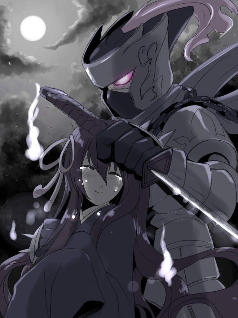 armor, black_hair, glowing, glowing_eyes, hamahime_(p&amp;d), hanzo_(p&amp;d), helmet, japanese_clothes