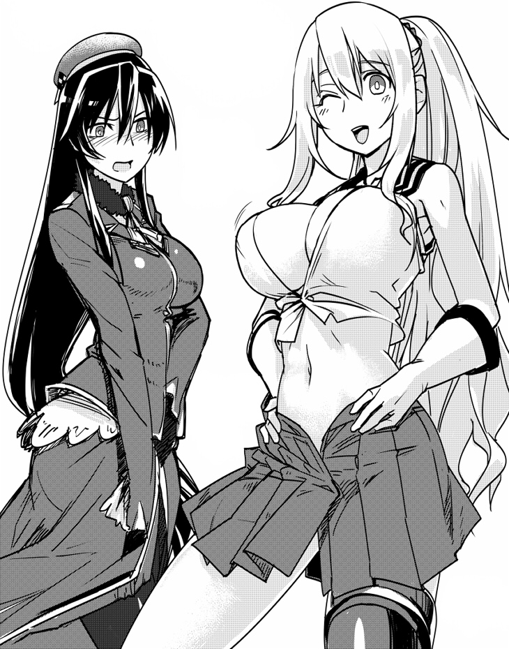 10s, 2girls, alternate_hairstyle, atago_(kancolle), beret, breast_envy, breasts, cleavage, cosplay, gloves, hat, kantai_collection, long_hair, looking_at_viewer, military, military_uniform, monochrome, multiple_girls, necktie, ninomiya_hitomi, ponytail, skirt, smile, takao_(kancolle), yahagi_(kancolle)_(cosplay)
