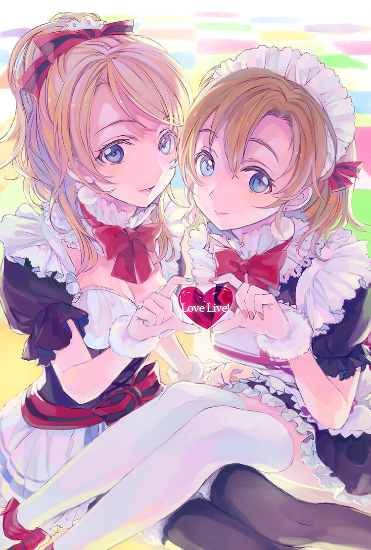 10s, 2girls, four-finger_heart_hands, ame_yamori, ayase_eli, black_legwear, blonde_hair, blue_eyes