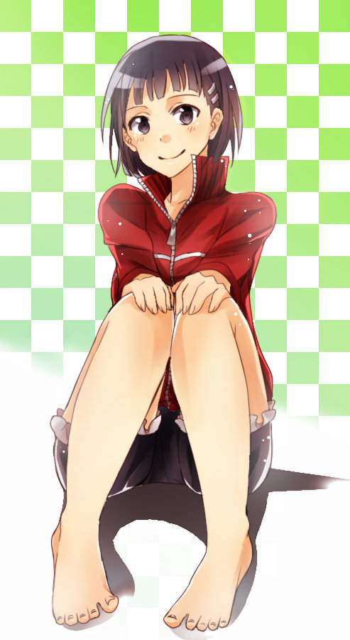 10s, 1girl, bad_id, bad_pixiv_id, barefoot, black_eyes, black_hair, checkered_background