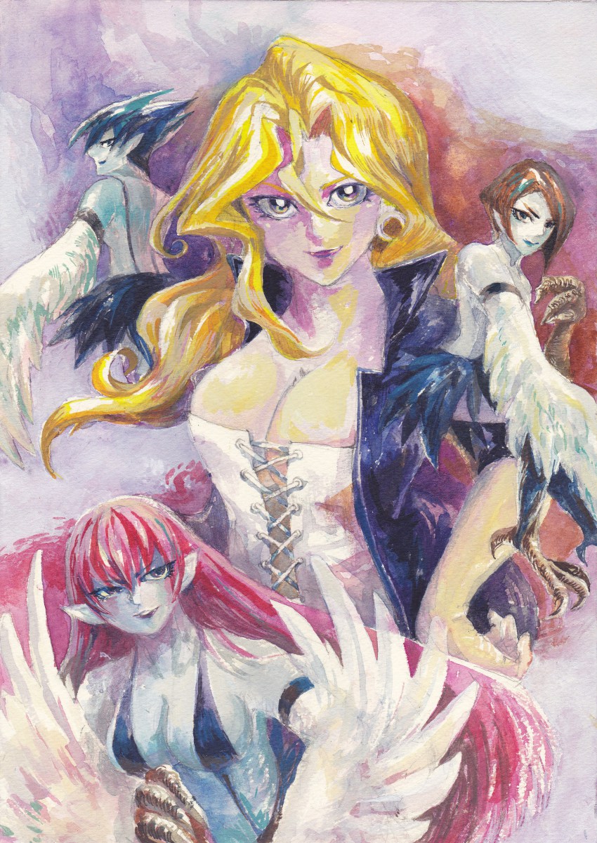4girls, absurdres, blonde_hair, blue_hair, brown_hair, bustier, claws, corset, cross-laced_clothes, duel_monster, earrings, harpie_lady, harpie_lady_1, harpie_lady_sisters, harpy, highres, jacket, jewelry, kanzaki_momota, kujaku_mai, lipstick, long_hair, looking_at_viewer, makeup, monster_girl, multiple_girls, painting_(medium), pale_skin, pointy_ears, popped_collar, purple_eyes, red_hair, short_hair, siblings, sisters, spiked_hair, traditional_media, watercolor_(medium), winged_arms, wings, yu-gi-oh!, yu-gi-oh!_duel_monsters