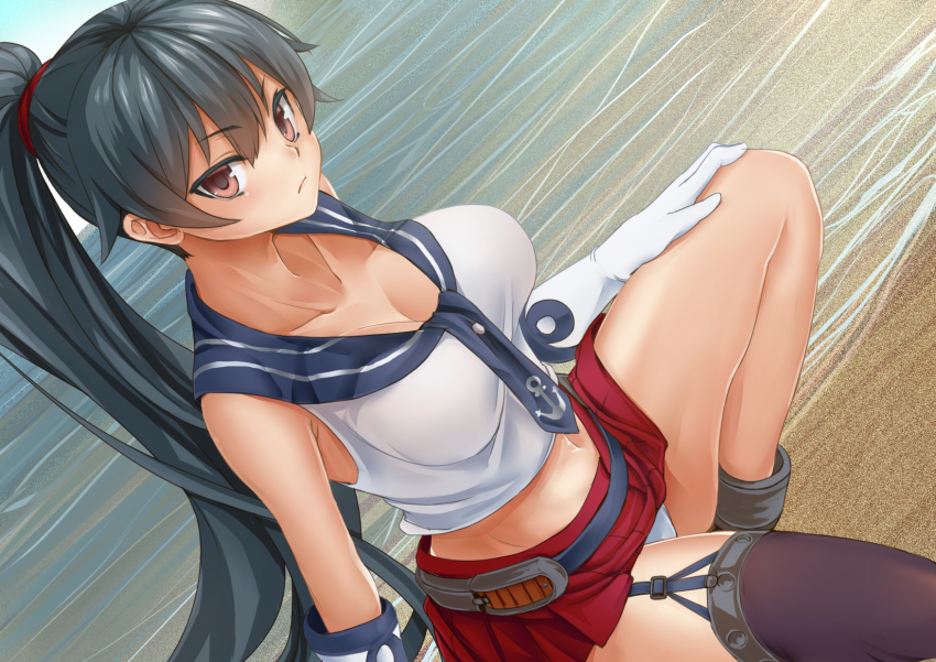 10s, 1girl, beach, black_hair, breasts, brown_eyes, cleavage, collarbone, dutch_angle, female_focus, garter_straps, gloves, groin, highres, impossible_clothes, impossible_shirt, kantai_collection, large_breasts, long_hair, looking_at_viewer, midriff, midriff_peek, miniskirt, navel, neav, panties, pantyshot, personification, ponytail, school_uniform, serafuku, shirt, single_thighhigh, skirt, solo, thighhighs, underwear, upskirt, white_panties, yahagi_(kancolle)