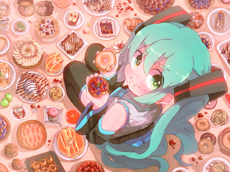1girl, :t, aqua_eyes, aqua_hair, bad_id, bad_pixiv_id, blush, cake, chocolate, cream_puff, dango, dessert, donut, eating, female_focus, food, food_on_face, from_above, full-face_blush, hatsune_miku, ice_cream, kinokoko-kino, long_hair, mochi, pancake, pancake_stack, pie, plate, pocky, sakura_mochi, skewer, solo, tart_(food), tray, twintails, vocaloid, wagashi
