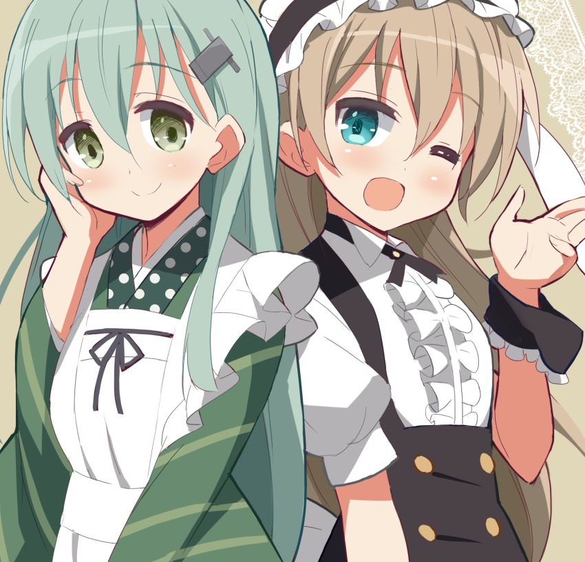 2girls, 9law, ;d, alternate_costume, ama_usa_an_uniform, bad_id, bad_pixiv_id, blouse