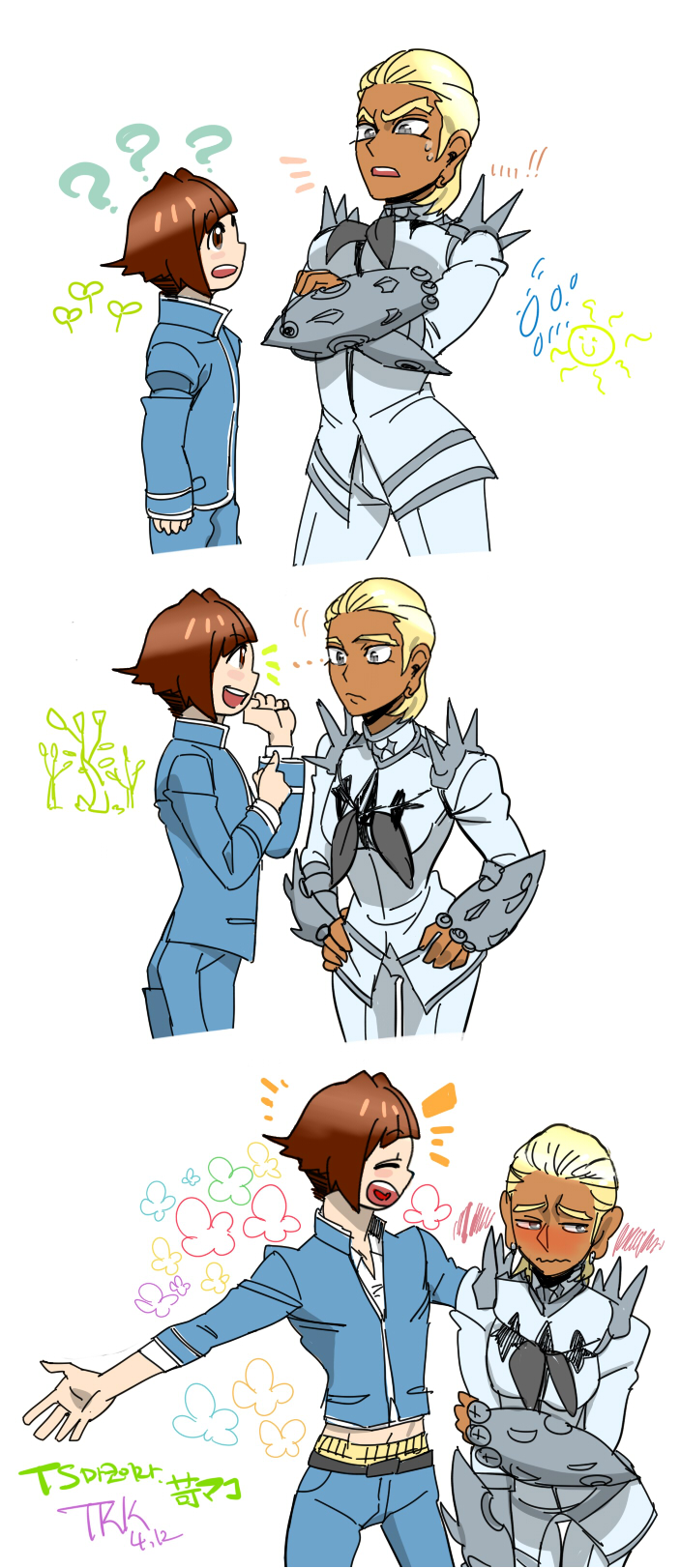 10s, 1boy, 1girl, blonde_hair, blush, brown_hair, comic, gamagoori_ira, gender_request, genderswap, growth, highres, kill_la_kill, mankanshoku_mako, school_uniform, short_hair, tkk81160, undersized_clothes