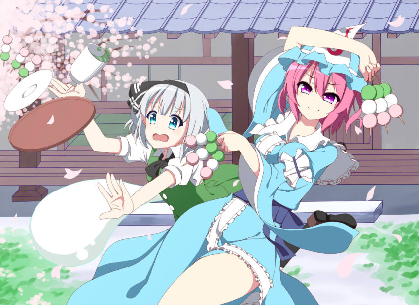 2girls, architecture, arm_over_head, between_fingers, blue_eyes, branch, cherry_blossoms, cup