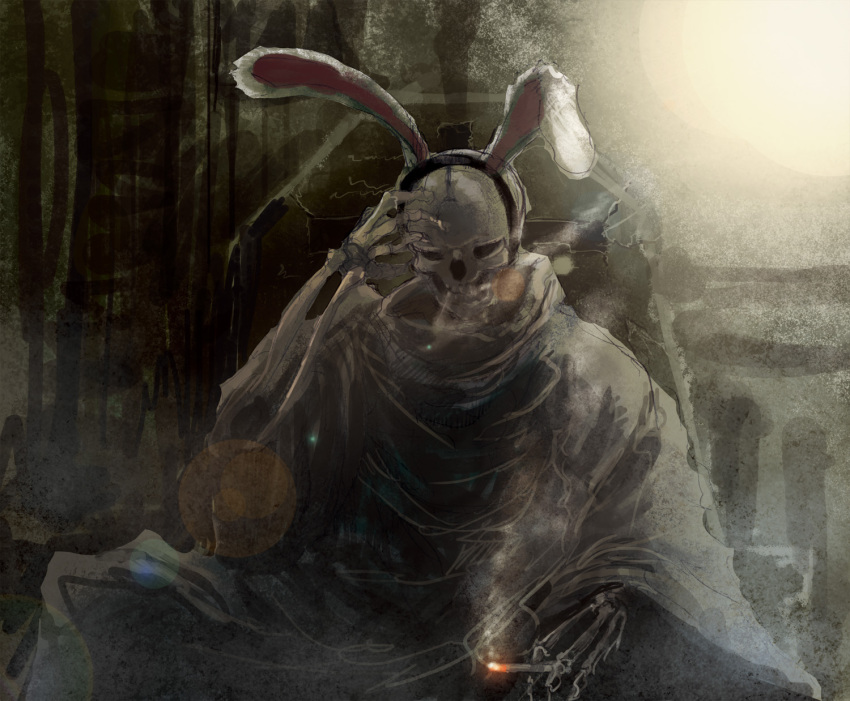 animal_ears, cigarette, comically_serious, duel_monster, fake_animal_ears, hey_taisyou, highres, no_humans